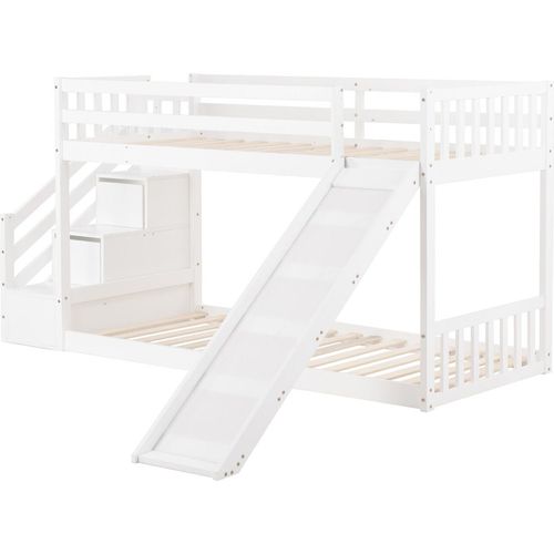 Etagenbett mit Treppe und Rutsche, Rahmen aus massivem Kiefernholz, Kinderbett mit 2 Schubladen in der Treppe, 90x200cm