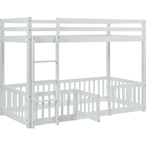 Etagenbett mit rechtwinkliger Treppe, Bett mit Zäune und Türchen, Kinderbett mit Fallschutz und Gitter, Massivholz, weiß