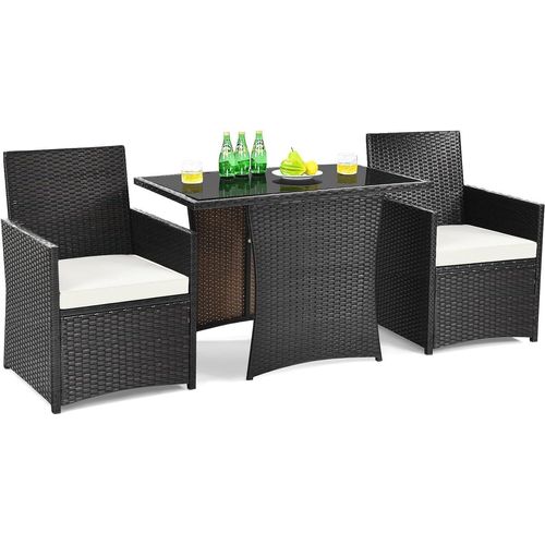 KOMFOTTEU 3 TLG. Rattanmöbel Set, Gartenmöbel aus Rattan, Sitzgarnitur mit 2 Sesseln & 1 Tisch, inkl. Kissen & Glastischplatte