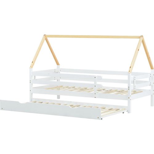 Baumhausbett, Tagesbett, Einzelbett, Kinderbett, Ausziehbett, Schiebebett mit Rollen unten, Massivholz, weißes Bett, naturfarbener Dachstuhl