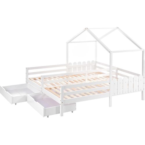 Hausbett, Doppelbett, Kinderbett, Gitterbett mit 2 MDF-Schubladen, Schubladen auf Rollen, Lattenrost aus Kiefer