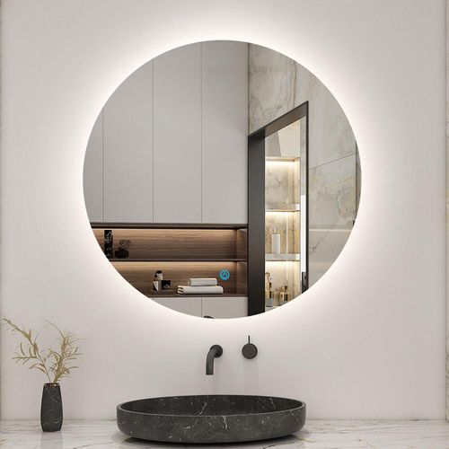 LED Badspiegel Rund 90cm mit Beleuchtung Badezimmerspiegel Kaltweiß mit Touchschalter Beschlagfrei Energiesparend