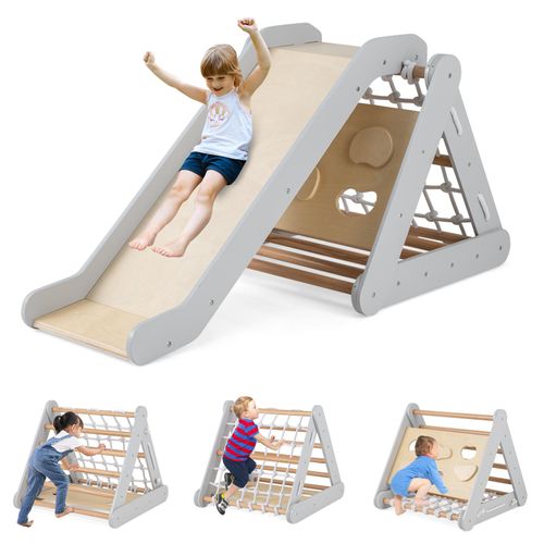 GOPLUS 3 in 1 Kletterdreieck mit Rutsche, Klettergerüst mit Leiter, Netz & Brett für Kinder ab 1 Jahren, Indoor Holzspielzeug mit Rampe