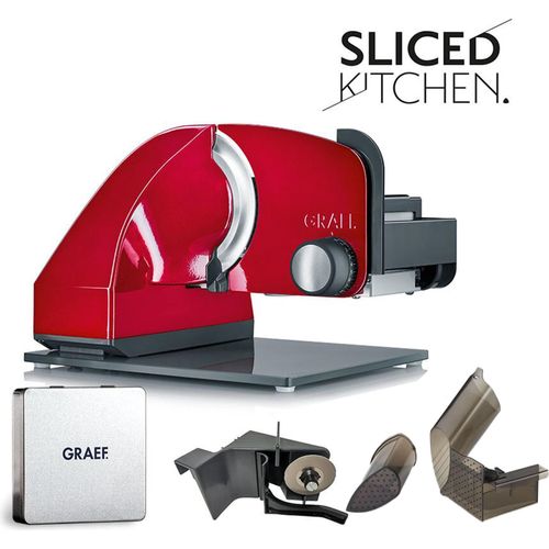 GRAEF M94 Allesschneider - Liebesapfel Rot - Sliced Kitchen - Vollmetall - MiniSlice-Aufsatz - Messerschärfer - Pflegeset
