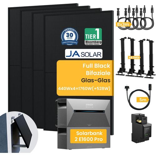 Balkonkraftwerk mit Speicher 3.2kWh, Solarbank2 E1600Pro mit BP1600, JaSolar 1760W (+528W)Bifaziale Solarmodule mit 4 Sets Halterung für Flachdach