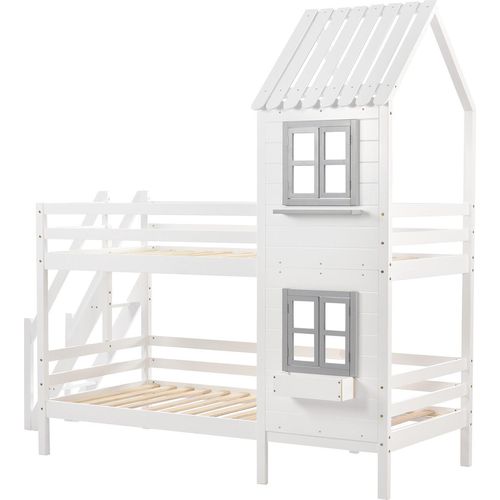 Etagenbett mit Handlauf und Fenster,Hausbett(weiß,90x200cm)Kinderbett mit Fallschutz und Gitter, Rahmen aus Kiefer