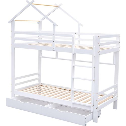 Etagenbett mit Schubladen und Regalen, Hausbett mit dreistufige rechtwinklige Leiter, Kinderbett mit Fallschutz und Gitter, Rahmen aus Kieferholz