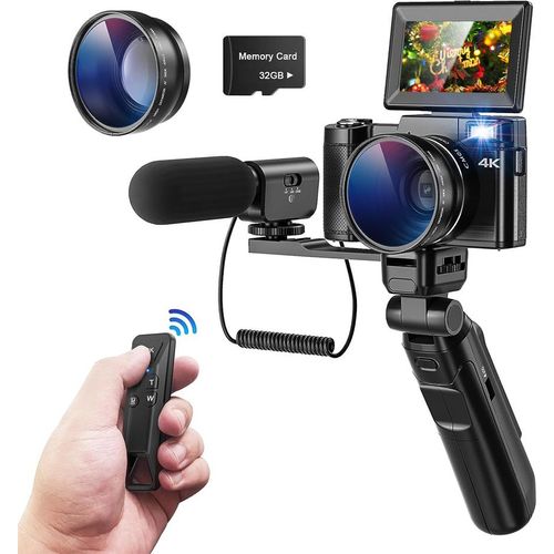 Fine Life Pro V01 4K Videokamera Camcorder Digitalkamera 48 MP, mit Stativ und Mikrofon, 16x Digitalzoom Vlogging Kamera, 180° Flip 3.0