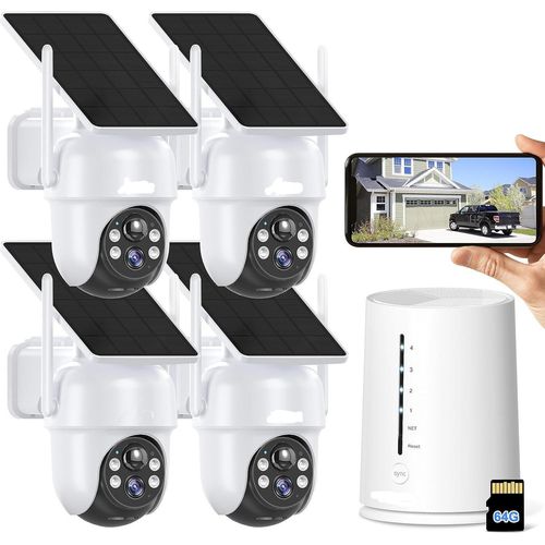 ieGeek 4MP FHD Überwachungskamera Set Aussen Akku mit Solarpanel, 4CH Basisstation mit 4X kabellosen Dome Kameras, 360° Schwenkbar, Nachtsicht, + 64GB