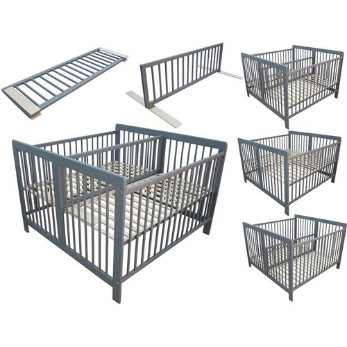 Zwillingsbett Kinderbett für Zwillinge 2in1 massiv grau 120x120 cm und Trenngitter