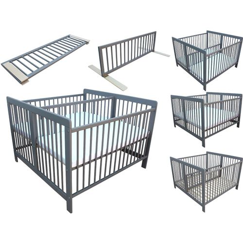 Zwillingsbett Kinderbett für Zwillinge 2in1 massiv grau mit 2 Matratzen 120x120 cm und Trenngitter