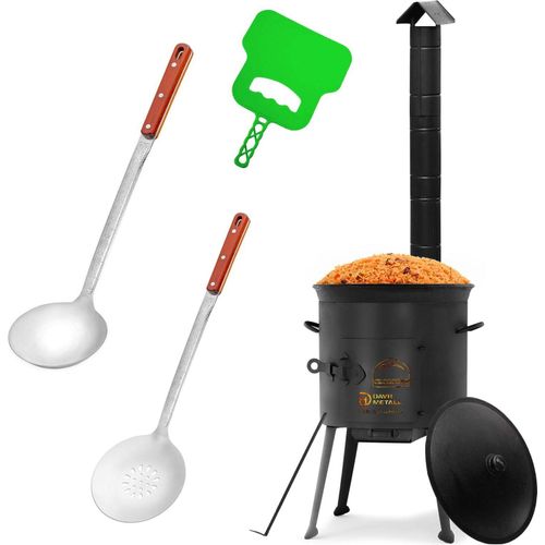 Ø36cm Uchag 2mm stahl mit Abzugsrohr Utschak Utschag Feldküche 12L Kazan Kasan (flacher boden) Feuerstelle Campingofen Außenküche Eintopfofen mit Schaumkelle Suppenkelle Grillfächer