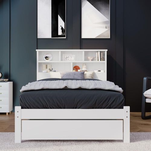 Massivholz Einzelbett mit Schubladen und Lattenrost, Bücherregal Jugendliche und Erwachsene Kinderbett, 90x200cm
