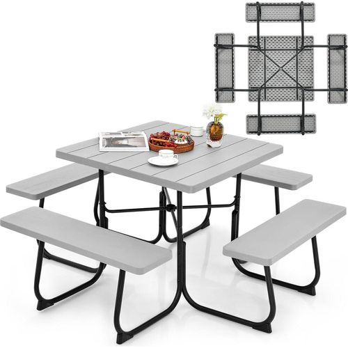KOMFOTTEU Bierzeltgarnitur für 8 Personen, Quadratisches Picknicktisch Set mit Schirmloch & 4 Bänken, Gartenmöbel Set aus HDPE & Metall, Grau