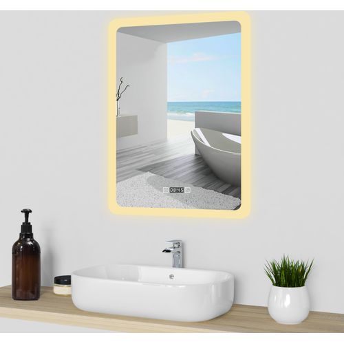 LED Badspiegel mit Uhr Beschlagfrei Badzimmerspiegel 50x70cm Wandspiegel mit Kalt/Neutral/Warmweiß Dimmbar Speicherfunktion Vertikal Installation CRI 90+