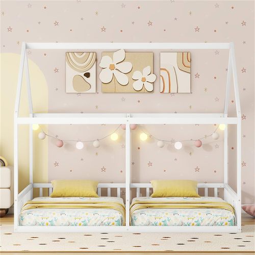 Jugendbett 90 x 200 Einzelbetten, flache Betten, Hausmodelle, 2-in-1-Betten, Weiß