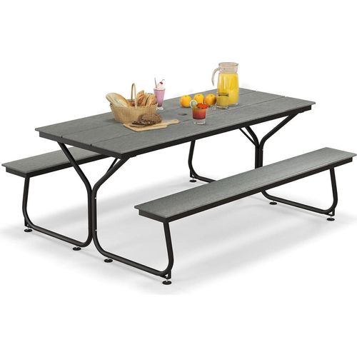 GOPLUS Picknicktisch Set, Campingtisch Biertisch für 6-8 Personen, Biertischgarnitur Outdoor inkl. 2 Bänke & Gartentisch mit Schirmloch (Grau)