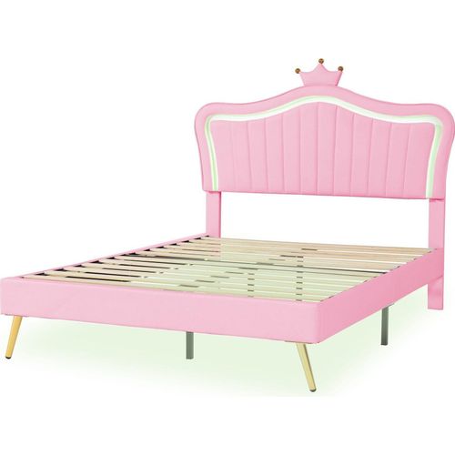 Kinderbett 140x200 cm Polsterbett (Ohne Matratze) Lattenrost Rückenlehne Bettgestell Mädchen Kronen-Doppelbettgestell Kunstleder LED-Leuchten Rosa