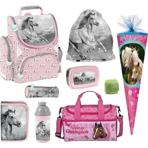 Pferde Schulranzen 1. Klasse für Mädchen Schultaschen Set 9-teilig mit Sporttasche und Schultüte