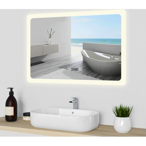 LED Badspiegel mit Uhr Beschlagfrei Badzimmerspiegel 70x50cm Wandspiegel mit Kalt/Neutral/Warmweiß Dimmbar Speicherfunktion Horizontal Installation CRI 90+