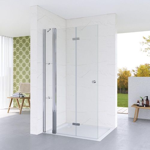 Glas walk in Duschwand mit Festteil180° Falttür,Duschabtrennung faltbar,Begehbare Dusche,140x187 cm,5 mm Nano ESG Glas