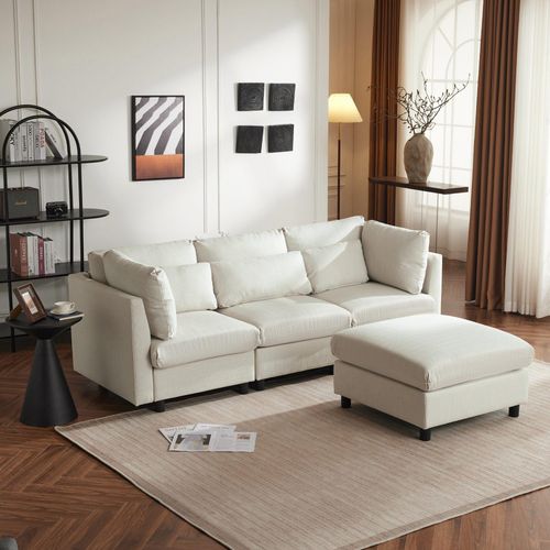 Polstermöbel Sofa 220x83x81 cm Modernes Design Dreisitzer-Sofa Wohnzimmer Sofa Ecksofa mit Fußhocker L-förmiges Ecksofa Beige