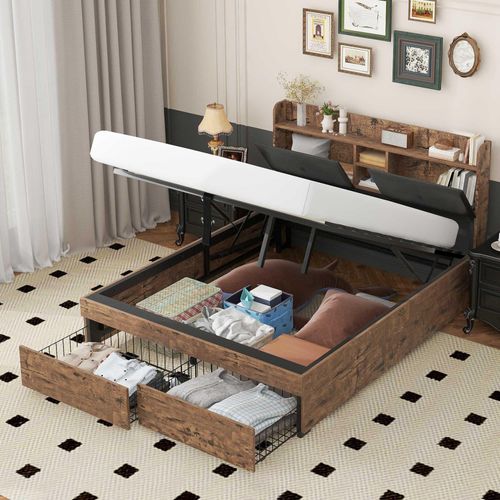 Metallbett 160x200 cm Hydraulikbett (Ohne Matratze) Jugendbetten Doppelbett Stauraum-Kopfteil und Metall Lattenrost Erwachsene Braun