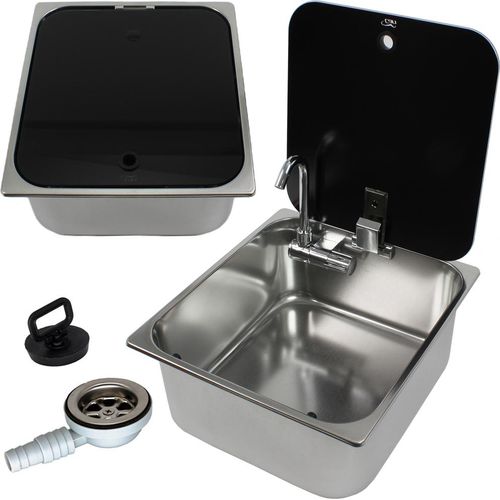 Edelstahl VA Waschbecken Spüle mit klapp Wasserhahn + Abfluss + Glasdeckel 320 x 350 mm
