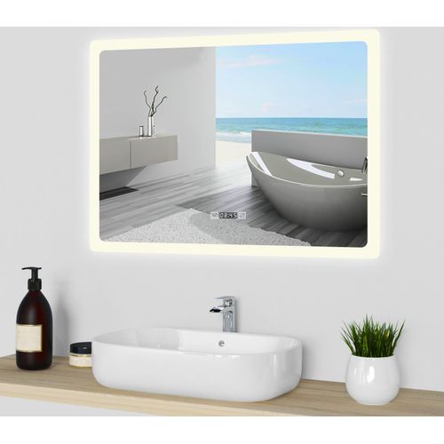 LED Badspiegel mit Uhr Beschlagfrei Badzimmerspiegel 80x60cm Wandspiegel mit Kalt/Neutral/Warmweiß Dimmbar Speicherfunktion Horizontal Installation CRI 90+