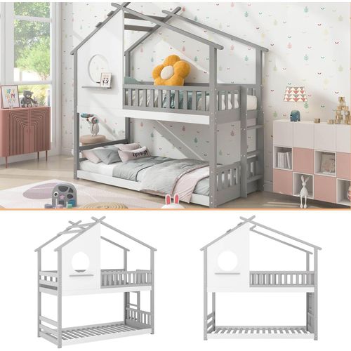 Etagenbett Hausbett 90x200 cm (Ohne Matratze) Rahmen aus Kiefernholz mit rechtwinkliger Leiter Kinderbett mit Fallschutz und Barriere Grau