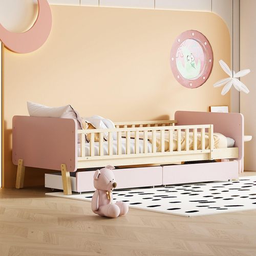 Kinderbett 90x190 cm (Ohne Matratze) Lattenrost Kiefernholz mit 2 Schubladen Einzelbett aus Massivholz mit unterstützenden Rosa