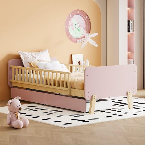 Kinderbett 90x190 cm (Ohne Matratze) mit 2 Schubladen Einzelbett aus Massivholz mit Lattenrost Kiefernholz unterstützenden Rosa