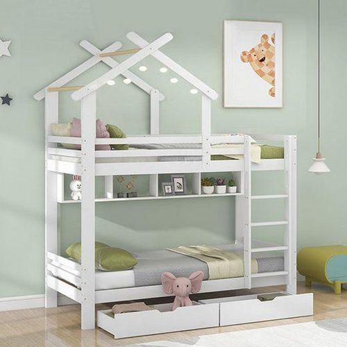 Etagenbett Schubladen 90x200 cm (Ohne Matratze) Regalen Hausbett dreistufige rechtwinklige Kinderbett Fallschutz Gitter Rahmen Kieferholz Weiß
