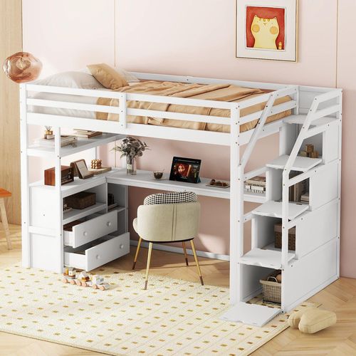 Kinderbett Einzelbett 90x200cm (Ohne Matratze) Hochbett Stauraum Leiter Bett und Tisch Stauraum Leiter zwei Schubladen Weiß