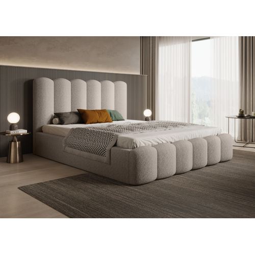 Bett mit Stauraum BEAUCLAIR und komfortablem Kopfteil, DoppelBett 180x200 cm - Bouclé-Stoff MausGrau