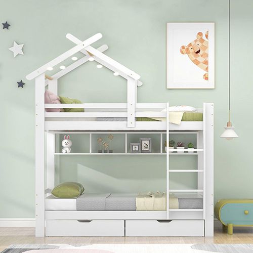 Etagenbett 90x200 cm (Ohne Matratze) Schubladen Kinderbett Fallschutz Gitter Rahmen Kieferholz Regalen Hausbett dreistufige rechtwinklige Weiß