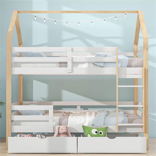Jugendbett Ins und aus dem Bett kommen, Doppelbett, Kinderbett in Hausform, große Schubladen, Kiefernholz Haus Bett for Kids ohne Matratze
