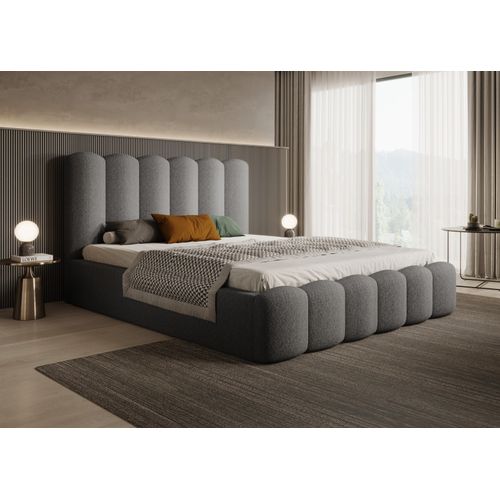 Bett mit Stauraum BEAUCLAIR und komfortablem Kopfteil, DoppelBett 180x200 cm - Bouclé-Stoff DunkelGrau