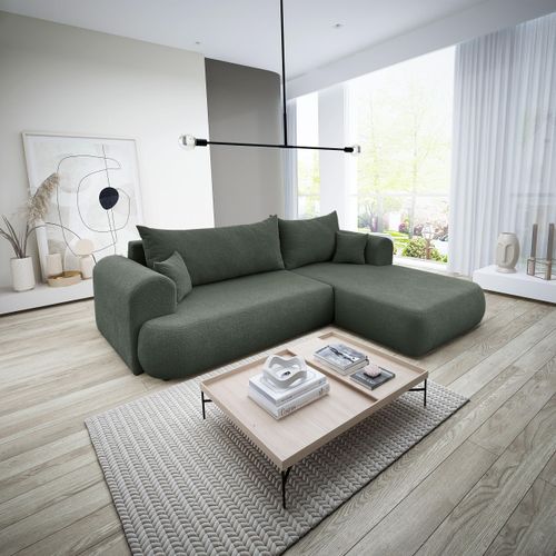 3 Sitzer Ecksofa ANTONIO BARON - 260x173x78cm, Ottomane rechts/links, Schlaffunktion & Bettkasten - Eckarniutur in Bouclé-Stoff - Dunkelgrün