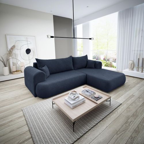 3 Sitzer Ecksofa ANTONIO BARON - 260x173x78cm, Ottomane rechts/links, Schlaffunktion & Bettkasten - Eckarniutur in Bouclé-Stoff - Marine Blau