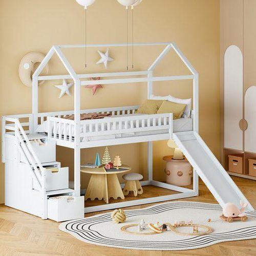 Kinder Etagenbett 90x200 cm (Ohne Matratze) Hochbett mit Rutsche Stauraum Leiter hohe Zaunkonstruktion Massivholzbettrahmen Lattenrost Weiß