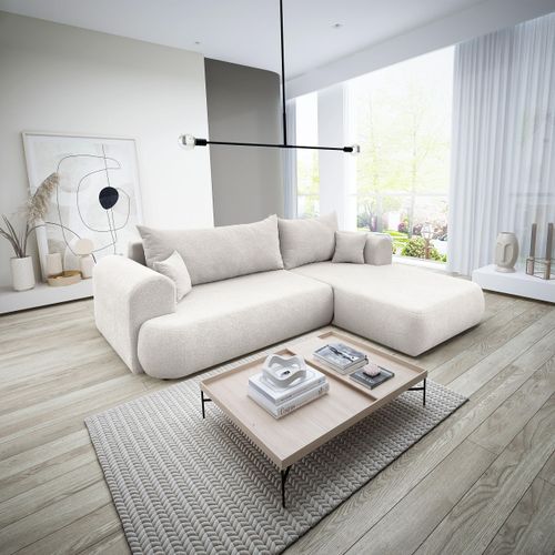 3 Sitzer Ecksofa ANTONIO BARON - 260x173x78cm, Ottomane rechts/links, Schlaffunktion & Bettkasten - Eckarniutur in Bouclé-Stoff Naturbeige/Hellbeige