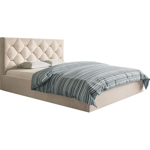 Polsterbett 180x200 Balma - Doppelbett mit Samtstoff - Bettkasten & Lattenrost - goldene Accessoires an der Kopfstütze (Beige - Jasmine 21)