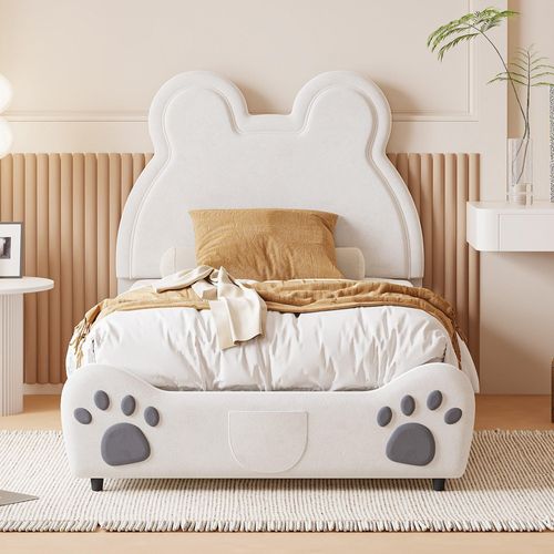 Kinderbett Polsterbett 90x200 cm (Ohne Matratze) Samtstoff aus hautfreundlichem Lattenroste Bärenform Einzelbett Velours Weiß