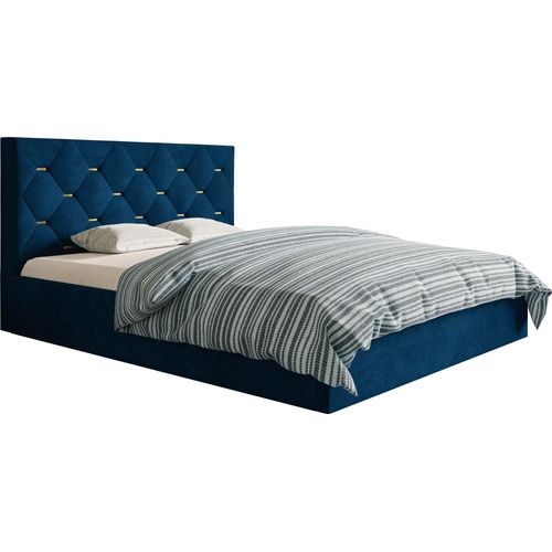 Polsterbett 180x200 Balma - Doppelbett mit Samtstoff - Bettkasten & Lattenrost - goldene Accessoires an der Kopfstütze (Dunkelblau - Kronos 09)
