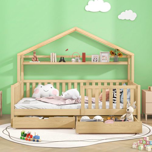 Kinderbett Holzfarbe 90x200 cm (Ohne Matratze) Kinderbett Hausbett Schubladen Massivholz Lattenrost Kiefernholz Hausbett Kinder Jugendzimmer Natur