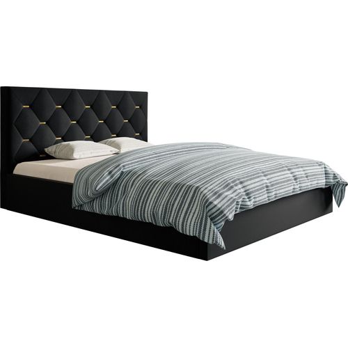 Polsterbett 160x200 Balma - Doppelbett mit Samtstoff - Bettkasten & Metall Lattenrost - goldene Accessoires an der Kopfstütze (Schwarz - Jasmine 100)