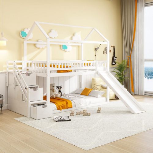 Etagenbett Hochbett 90x200 cm (Ohne Matratze) Kinder mit Rutsche Stauraum Leiter hohe Zaunkonstruktion Massivholzbettrahmen Lattenrost Weiß