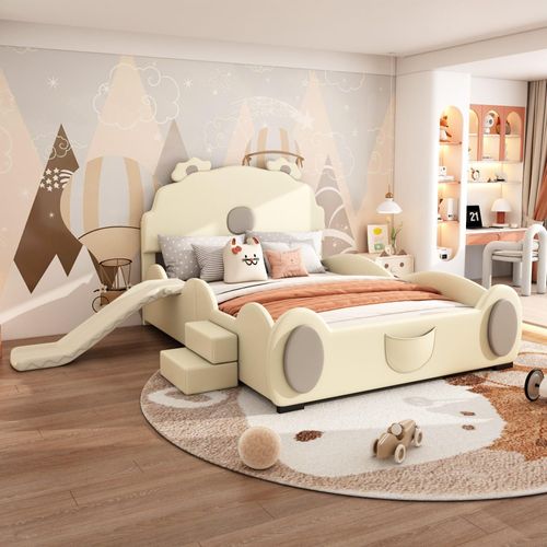 Cartoon Bett 140x200 cm Kinderbett (Ohne Matratze) Bodenbett ausgestattet Rutsche Leiter Polyurethanleicht zu reinigen niedliche Form Beige