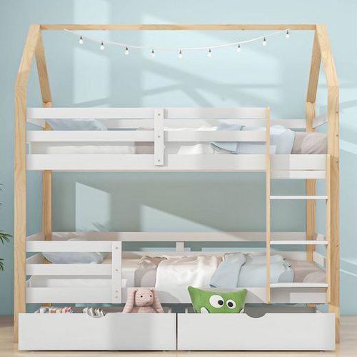 Doppelbett Kinderbett 90x200 cm (Ohne Matratze) Ins und aus dem Bett kommen Hausform große Schubladen Kiefernholz Haus Bett Weiß Holzfarbe